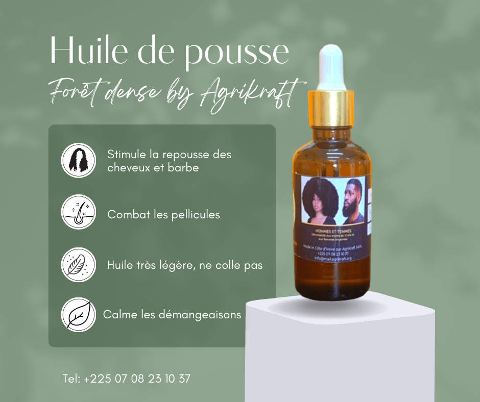 Huile de pousse forêt dense de Agrikraft : produit africain 100 % pour ralentir la chute des cheveux.
